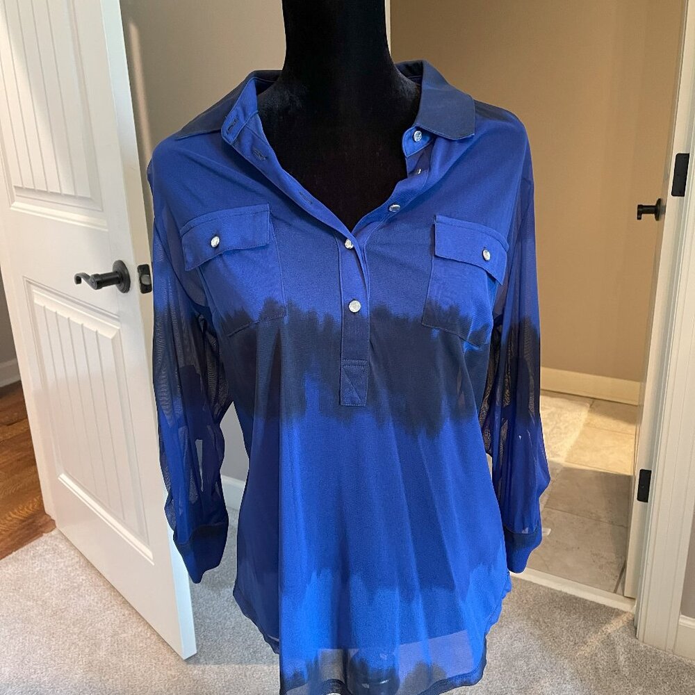 I.N.C. Blue and Black Ombre Sheer Blouse with diamante buttons